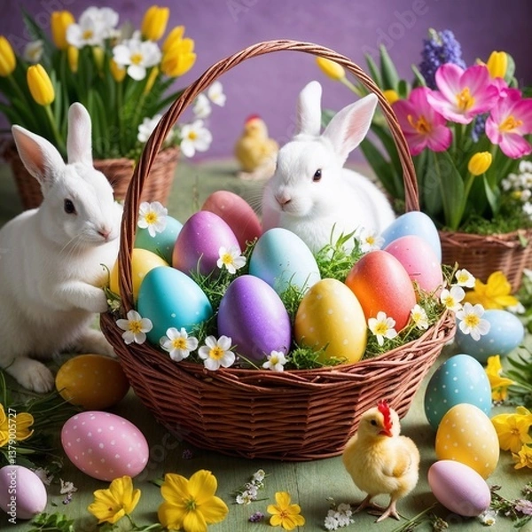 Obraz Easter card with bunnies and colorful eggs in a wicker basket, against a background of spring flowers