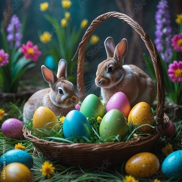 Obraz Easter card with bunnies and colorful eggs in a wicker basket, against a background of spring flowers