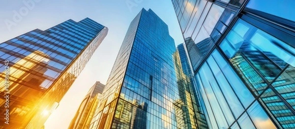 Fototapeta Low angle perspective of modern tall glass skyscrapers reaching towards the sky