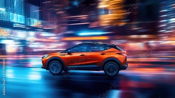 Fototapeta An orange car is speeding through a cityscape at night time