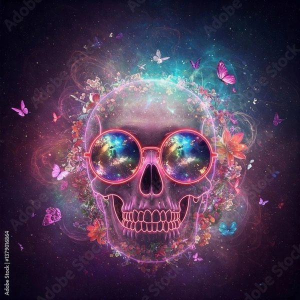 Fototapeta A skull with a stylized, colorful and psychedelic design, wearing round glasses with swirling cosmic patterns, surrounded by floral elements.

