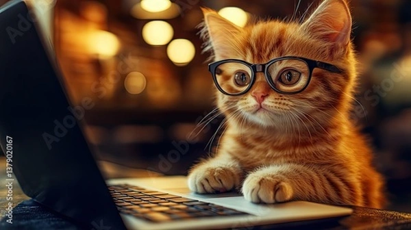 Obraz Ginger kitten wearing glasses working on laptop at night