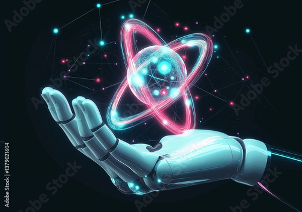 Fototapeta  Robotic Hand Holding Glowing Atom  Futuristic Technology Concept  Neon Lines Connecting to Screen  White Background for Design Elements  Web Banner with Copy Space on Right Side