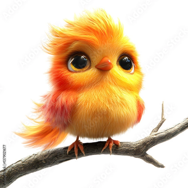 Fototapeta A Fluffy 3D Cartoon Phoenix Chick with Glowing Feathers Isolated on Transparent Background