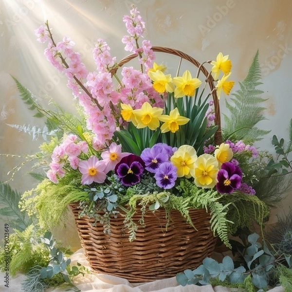 Obraz spring bouquet in a basket with multi-colored daffodils, viola and cherry