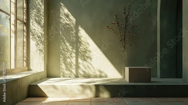 Fototapeta A stylish 3D interior with a muted olive green palette, a simple podium, and soft sunlight casting delicate shadows.