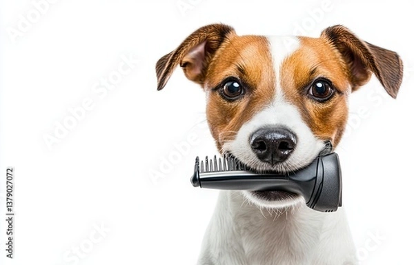 Fototapeta The dog is holding a nail clipper in its mouth, suggesting its nails require trimming