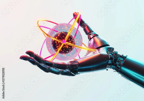 Fototapeta  Robotic Hand Holding Glowing Atom  Futuristic Technology Concept  Neon Lines Connecting to Screen  White Background for Design Elements  Web Banner with Copy Space on Right Side