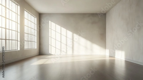 Fototapeta A sunlit empty room with high minimalist walls and a flat ceiling, radiating simplicity and openness.