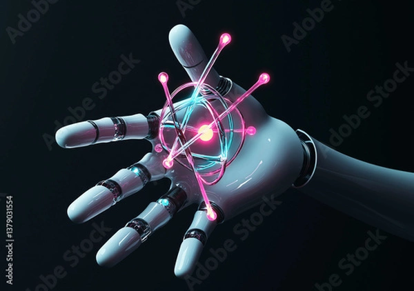 Fototapeta  Robotic Hand Holding Glowing Atom  Futuristic Technology Concept  Neon Lines Connecting to Screen  White Background for Design Elements  Web Banner with Copy Space on Right Side