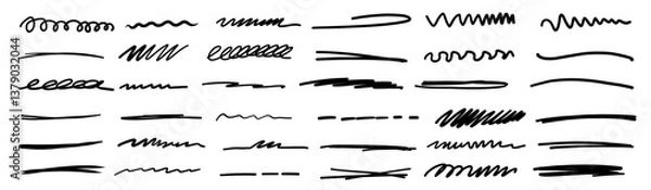 Fototapeta Black grunge graffiti strokes, shapes, lines isolated on white background. Simple charcoal chalk crayon calligraphy effects ideal for business, school presentation designs, 