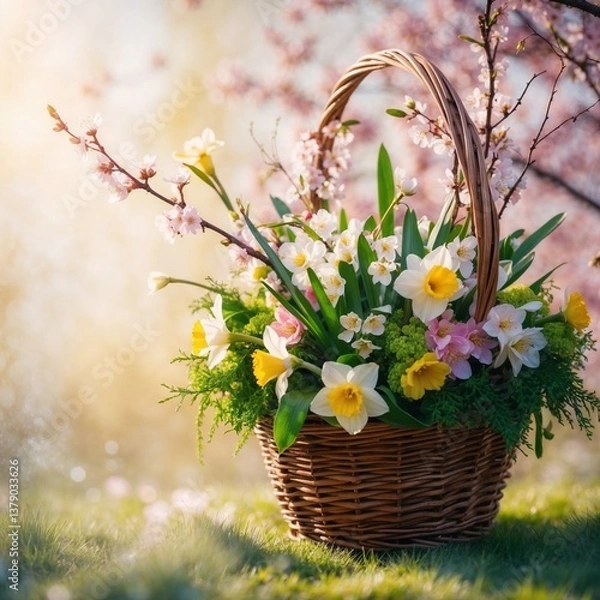 Obraz spring bouquet in a basket with multi-colored daffodils, viola and cherry