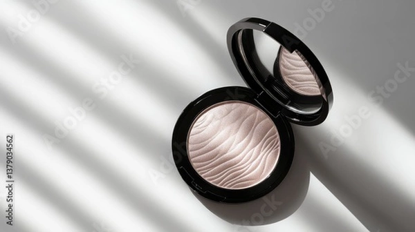 Fototapeta An elegant highlighter compact with a mirror, opened on a white background with branding space