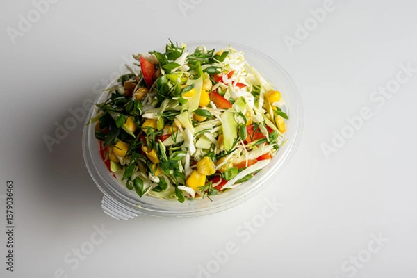 Fototapeta Fresh cabbage salad with bell pepper, corn, green onion, and dill in a plastic container. Healthy vegan food, vibrant and nutritious meal. Clean white background