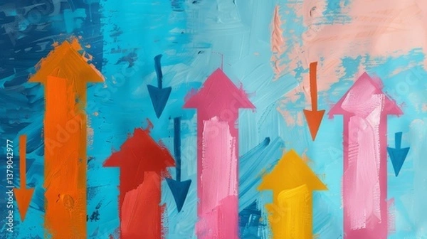 Obraz Abstract Arrow Chart: Market Trends - Colorful abstract painting depicting upward and downward trending arrows, symbolizing market fluctuations or progress