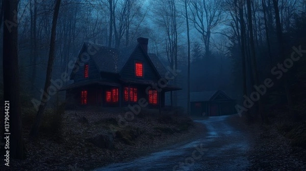Fototapeta Haunted house in the woods at night, murder mystery setting with dark, eerie house glowing red from windows, surrounded by creepy darkness extending to an empty street and ominous forest