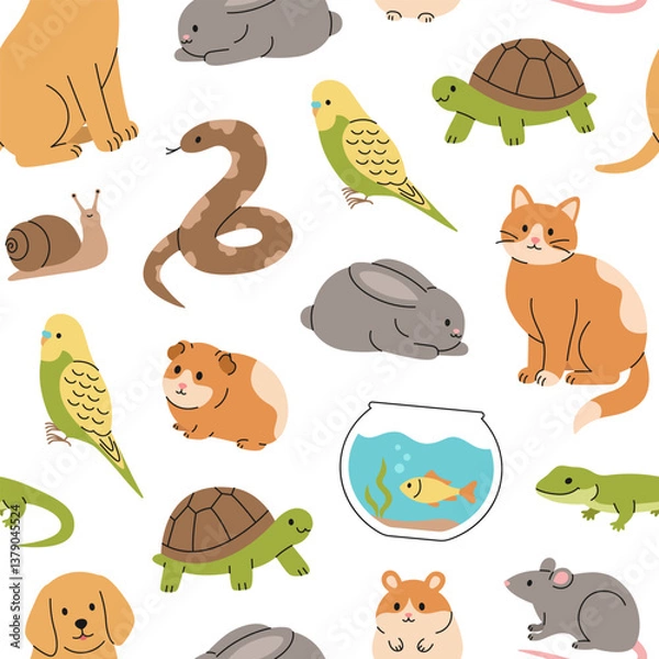 Obraz Seamless pattern with cute pets: cat, dog, rabbit, guinea pig, hamster, rat, parrot, fish, snake, turtle, lizard and snail. Cartoon domestic animals. Vector flat illustration on white background
