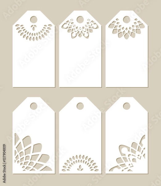 Obraz Set stencil labels with carved openwork pattern. Image suitable for laser cutting