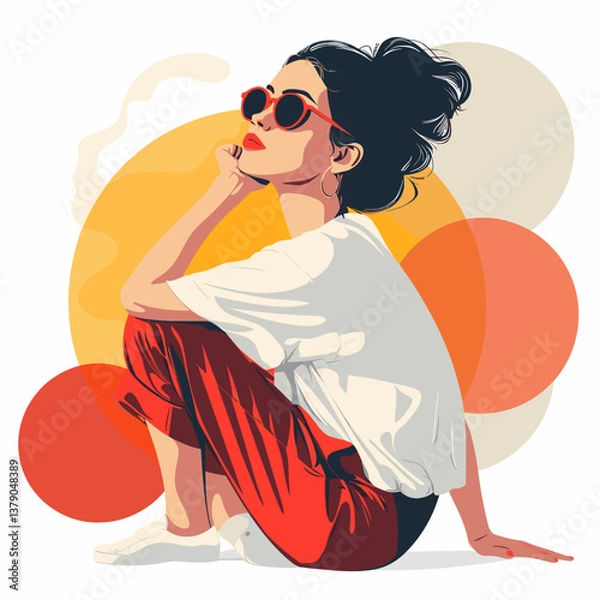 Obraz Vector illustration of a girl sitting on the ground and thinking about something
