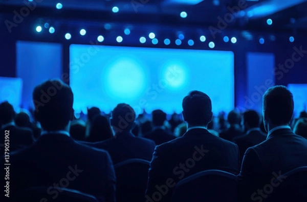 Fototapeta Audience at conference with blue lighting, large screens. People attend presentation, business meeting, corporate seminar, pro lecture in auditorium. Attendees listen to speaker, participate in