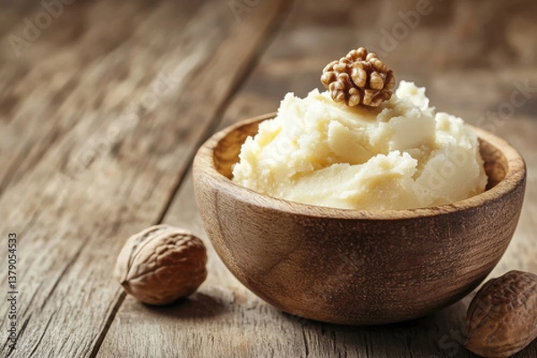 Fototapeta Luxurious shea butter scoop beside whole shea nuts on rustic wood 
