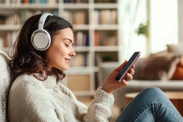 Obraz Woman at home listening relaxing audio
