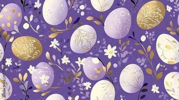 Obraz   A photo of a patterned egg-shaped design on a purple background, featuring gold and white foliage