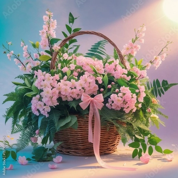 Obraz spring bouquet in a basket with multi-colored daffodils, viola and cherry