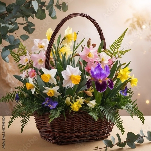 Obraz spring bouquet in a basket with multi-colored daffodils, viola and cherry