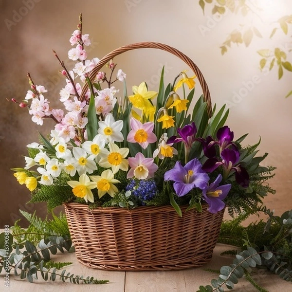 Obraz spring bouquet in a basket with multi-colored daffodils, viola and cherry