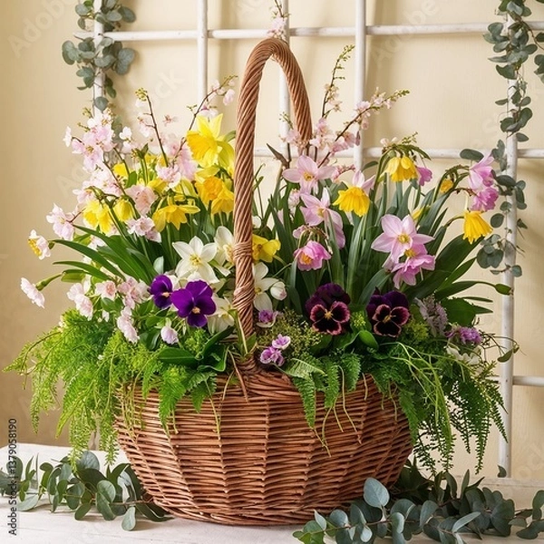 Obraz spring bouquet in a basket with multi-colored daffodils, viola and cherry