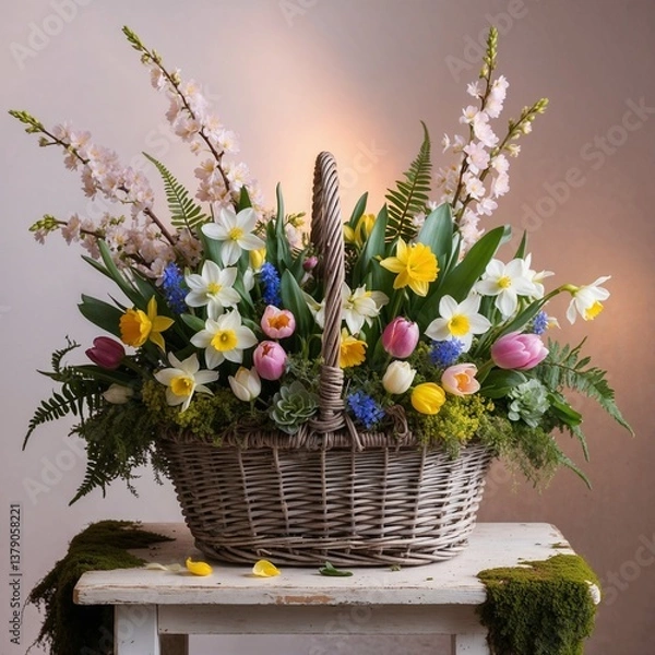 Obraz spring bouquet in a basket with multi-colored daffodils, viola and cherry