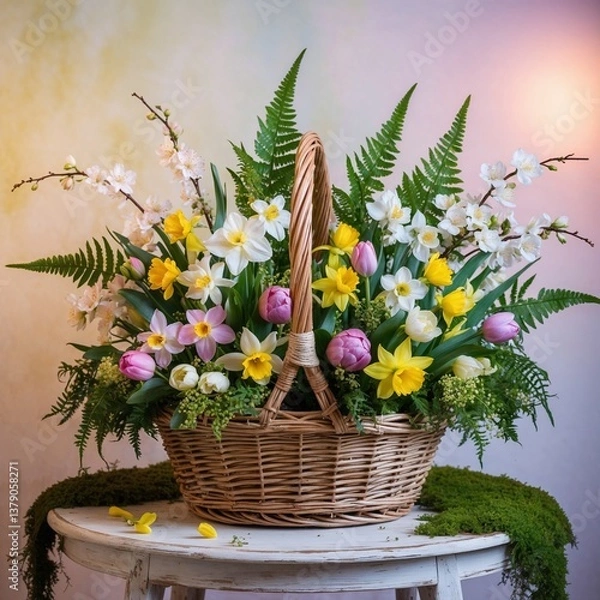 Obraz spring bouquet in a basket with multi-colored daffodils, viola and cherry