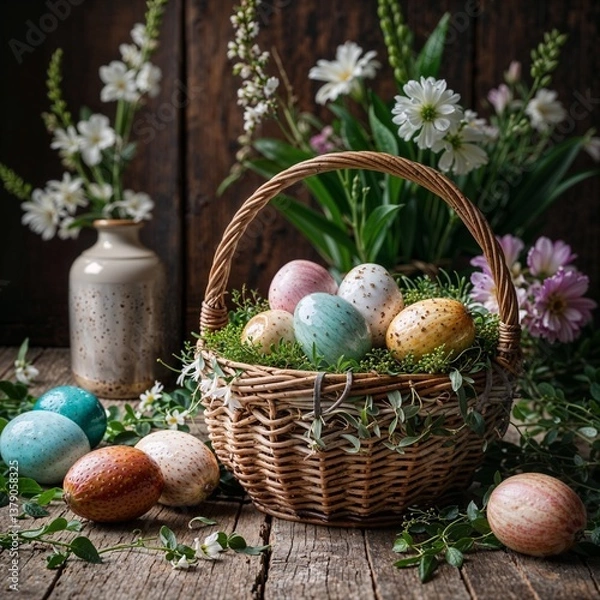 Obraz Easter card with colorful eggs in a wicker basket against a background of spring flowers