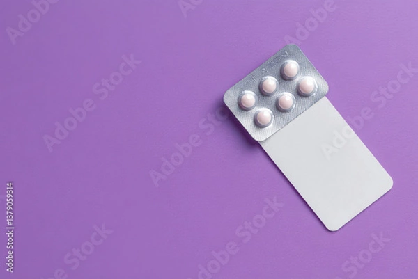Fototapeta Blister of contraceptive pills and package on lilac background, top view. Space for text 
