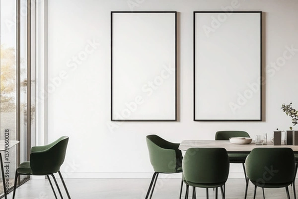 Obraz Minimalist dining room with two framed blank posters on light wall. 3D Rendering
