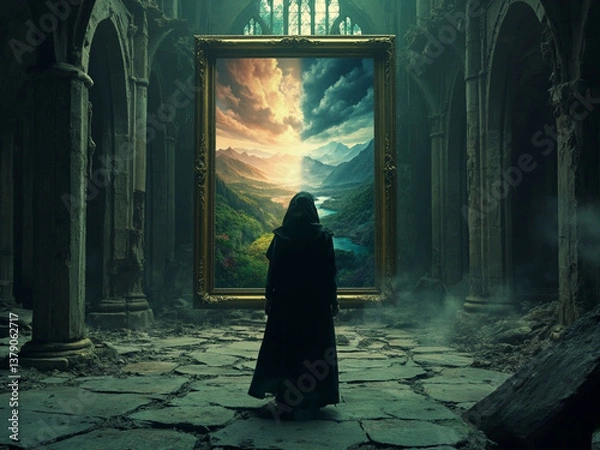 Obraz dark wizard looking through portal