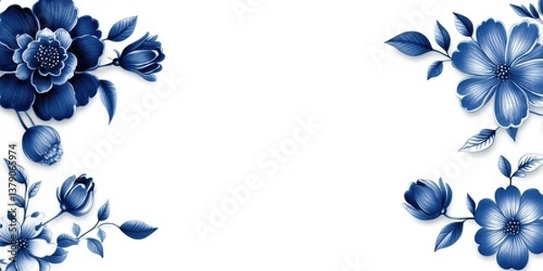 Fototapeta delftware pattern postcard, postcard influenced by dutch delftware patterns, adorned with intricate blue floral edges and a white space in the middle for text