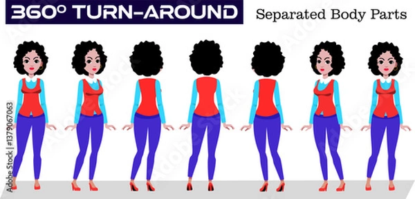 Obraz Woman Character 360 Degree Turn Around Model Sheet with Separated Body Parts Vector Illustration