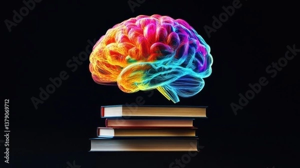 Fototapeta Colorful brain over books; education, learning, knowledge; stock photo