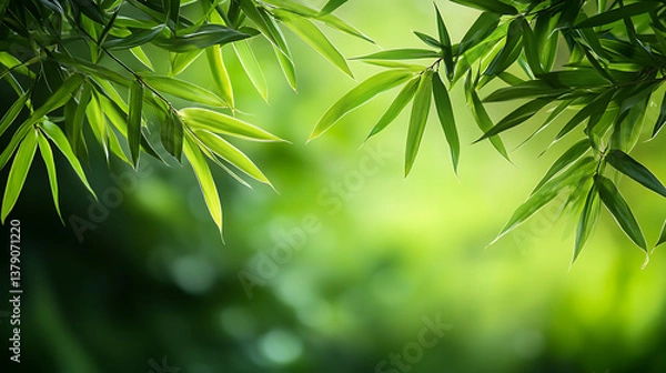 Fototapeta Green background with bamboo leaves, copy space