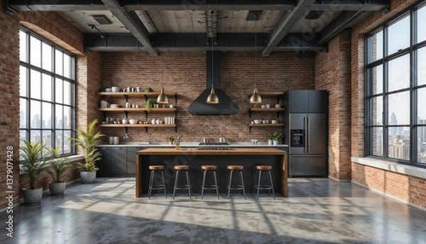 Fototapeta Stylish industrial loft kitchen featuring exposed brick walls, a spacious wooden island with barstools, open wooden shelves and modern appliances
