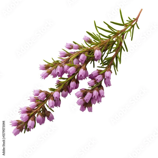 Fototapeta A sprig of purple heather with its tiny bell-shaped blooms isolated on a white background.