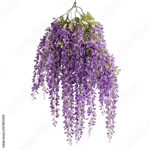 Fototapeta Hanging Cluster of Purple Wisteria Blooms Isolated on White Background