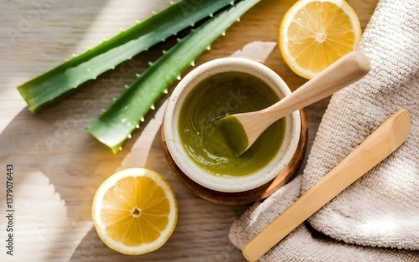 Fototapeta Natural skincare ingredients on a wooden surface, with aloe vera, lemon slices, and a bowl of green mixture with a wooden spoon. 