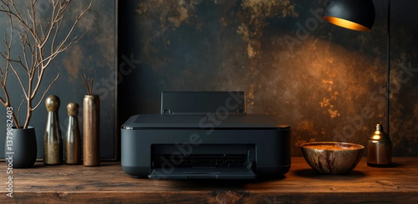 Fototapeta sleek dark-grey printer sits on a dark brown wooden surface in a cozy well-lit setting