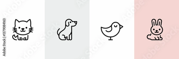 Fototapeta Minimalist vector icon set of cat, dog, bird, and rabbit in outline style – Great for digital products, pet store branding, or modern UI design.