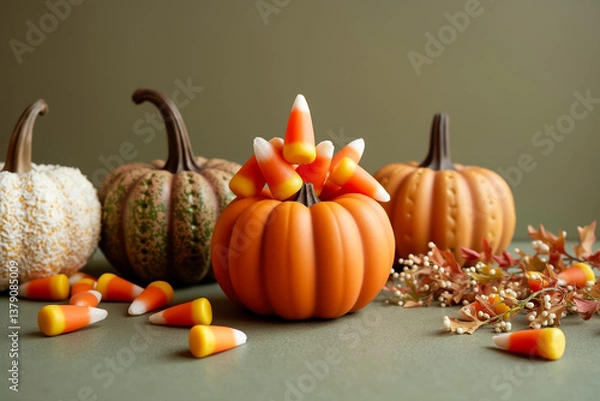 Fototapeta three decorative pumpkins with candy corn on a sage green surface