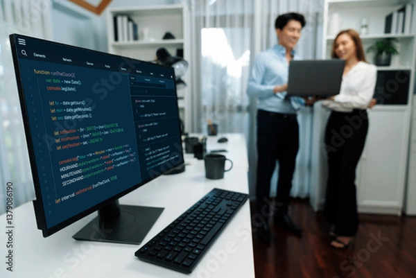 Obraz Running on coding programming intelligence system on computer screen with blurry IT developers standing with laptop at corner modern office, talking online software development information. Infobahn.