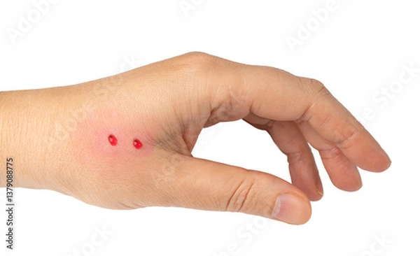 Obraz Snake bite on skin, snakebite or cat bite marks close up. Two small fresh blood drops on hand